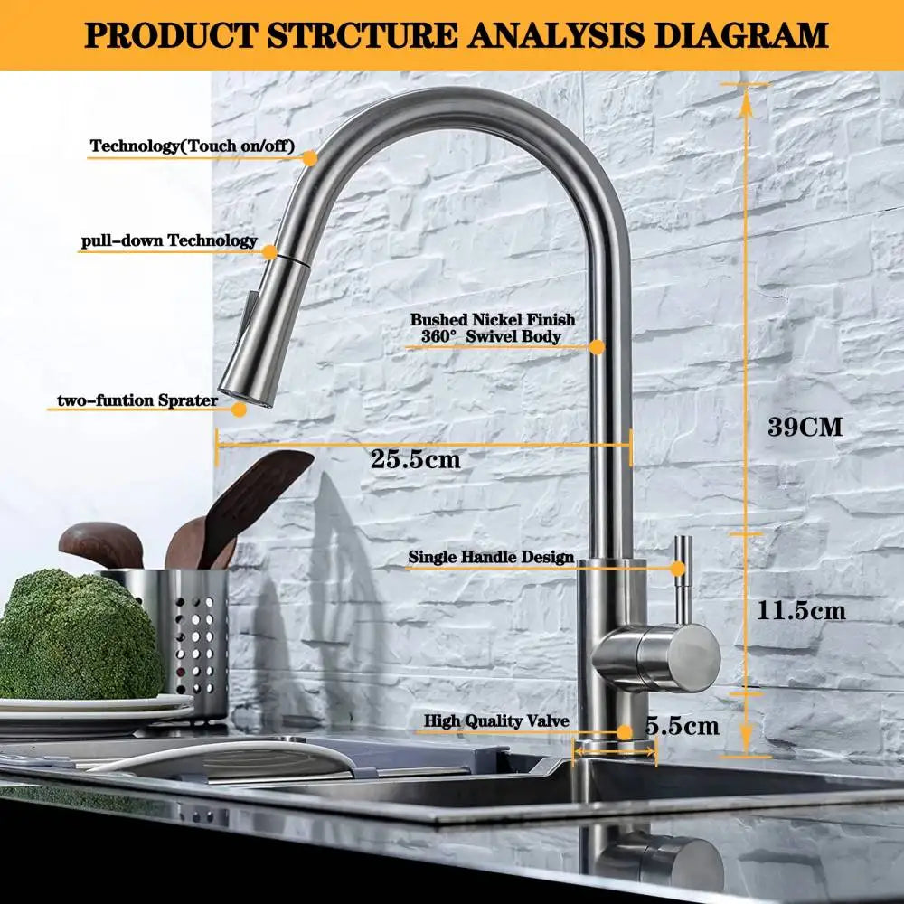 Touch Sensor Pull-Out Kitchen Faucet, Brushed Nickel & Matte Black Stainless Steel, Single-Handle Touch Control