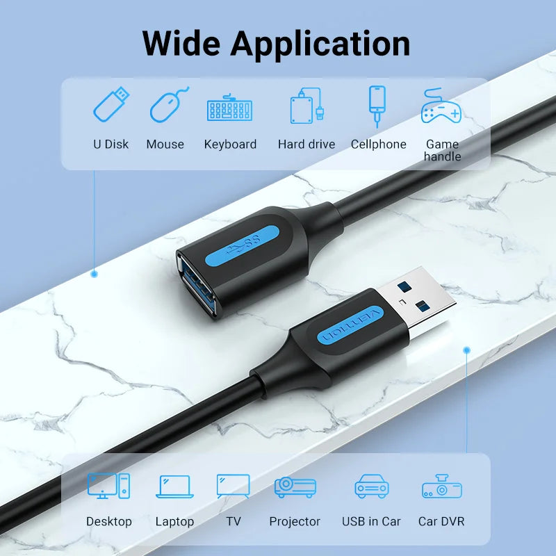 USB 3.0 Extension Cable Male to Female, High-Speed 5Gbps, 0.5/1/1.5/2/3 m (1.6–9.8 ft) for PC TV Xbox Printer, USB 2.0 Compatible
