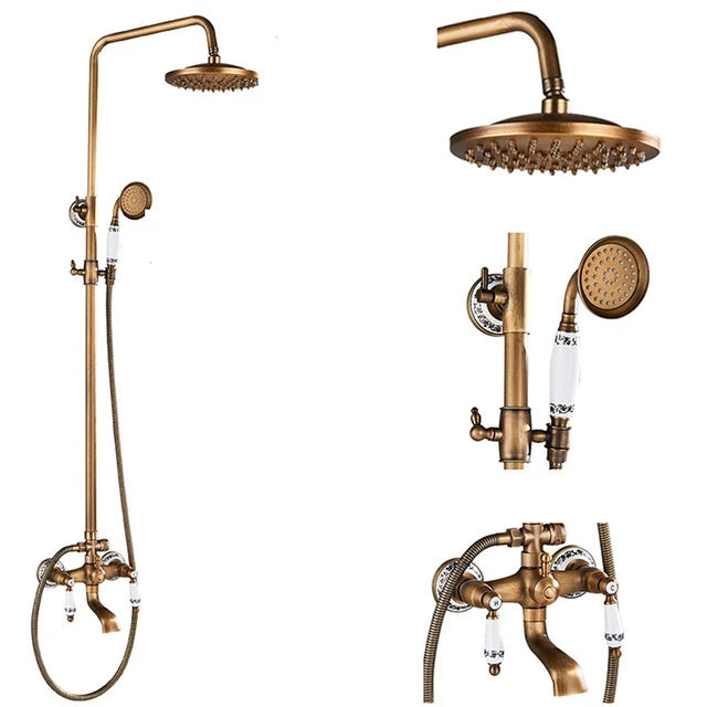 Antique Brass Wall-Mounted Rainfall Shower Set with 8-Inch Shower Head, Handheld & Shelf - Dual Handle Mixer Tap