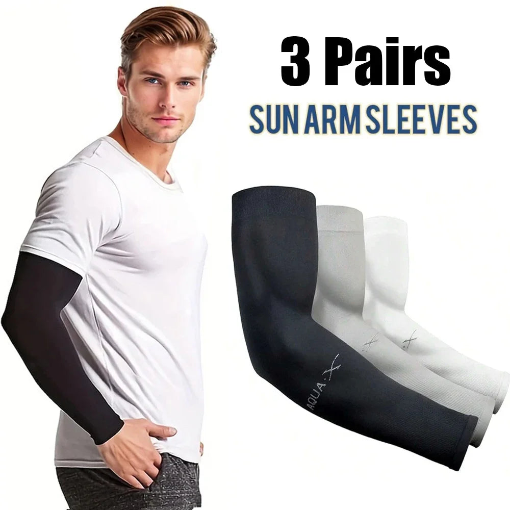 Three pairs of unisex ice silk sun protection arm sleeves in black, gray, and white on a model