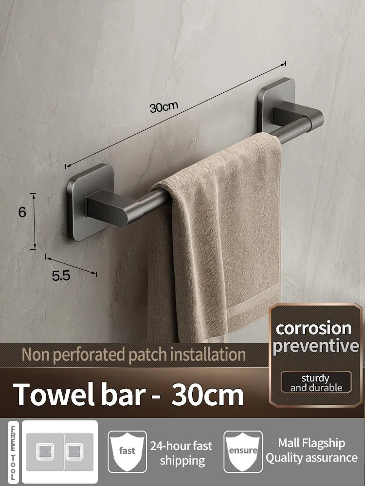 No-Drill Adhesive Towel Bar – Wall-Mount Towel Rack & Hook for Bathroom, Kitchen, Tile, Glass