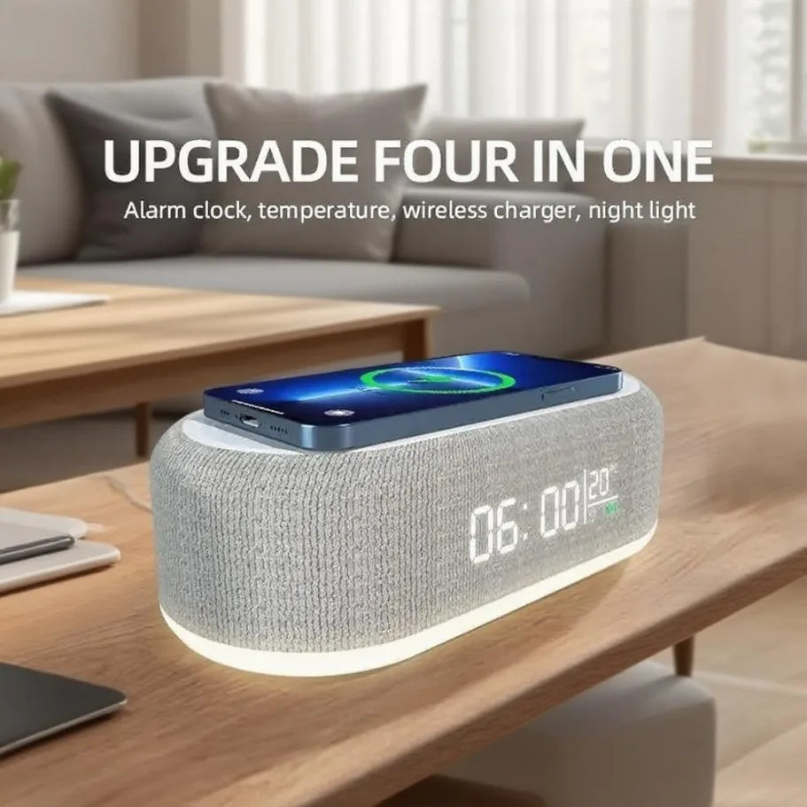 Qi Wireless Charging Alarm Clock with LED Night Light & Thermometer — 15W Fast Charge Dock for Smartphones