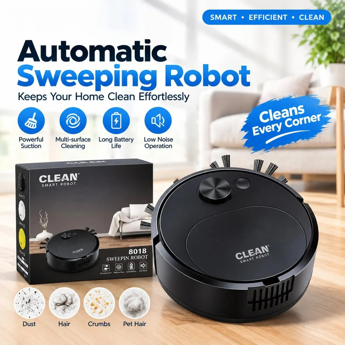 3-in-1 Mini Robot Vacuum Cleaner with Mopping & USB Charging 1500Pa Smart Wireless Floor Sweeper for Home & Office