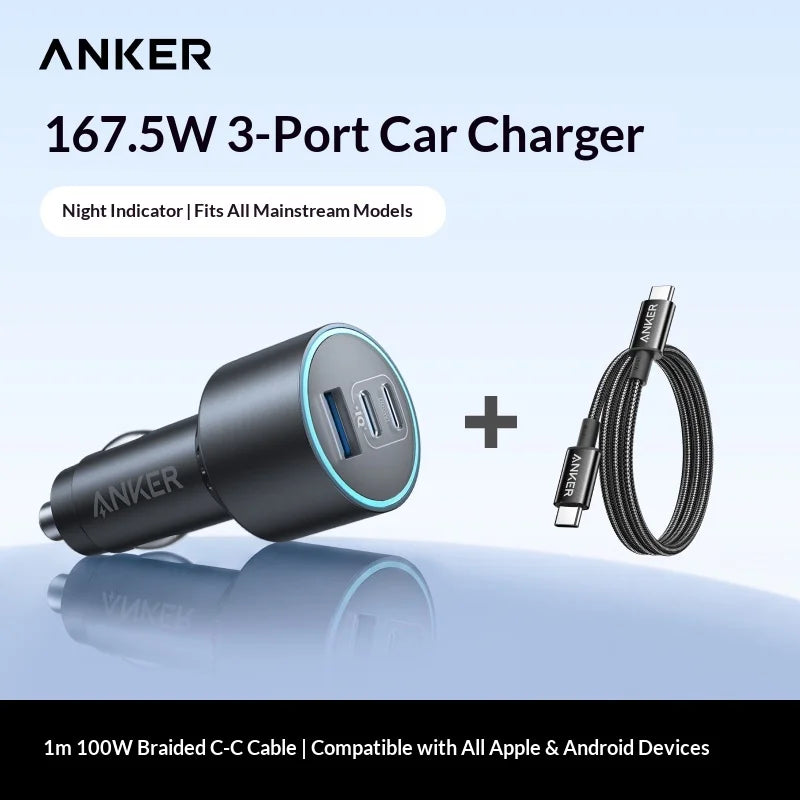 167.5W 3-Port Fast Car Charger — 2 USB-C PD + 1 USB-A QC3.0 High-Speed Car Adapter for Travel