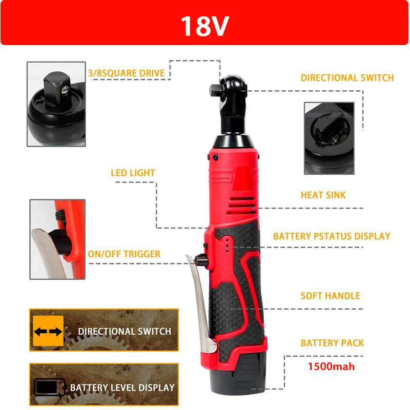 Cordless Right Angle Impact Wrench 3/8 in (9.5 mm) — 12V/18V Brushless Rechargeable Electric Ratchet Driver for Auto & DIY