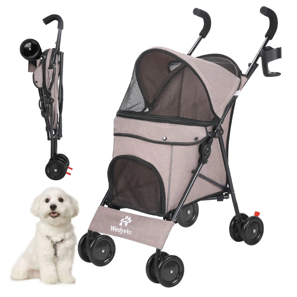 4-Wheel Pet Stroller for Dogs & Cats with Rotating Front Wheels, Brakes and Storage for Travel & Outdoor
