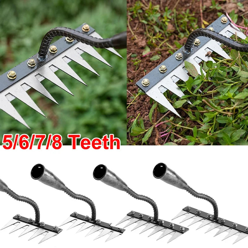 5/6/7/8-Tooth Iron Garden Rake Hoe Weeding & Soil Loosening Tool with Metal Handle