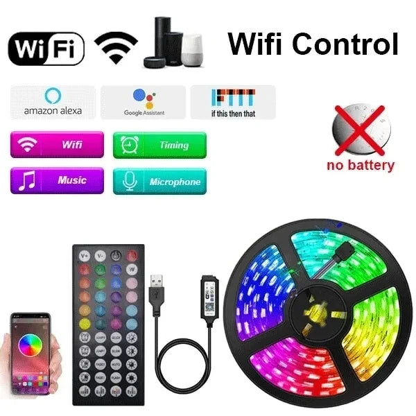 5050 USB 5V RGB LED Strip Light – Bluetooth & WiFi App + Remote Controlled Flexible Tape for TV Backlight, Room and Party Lighting