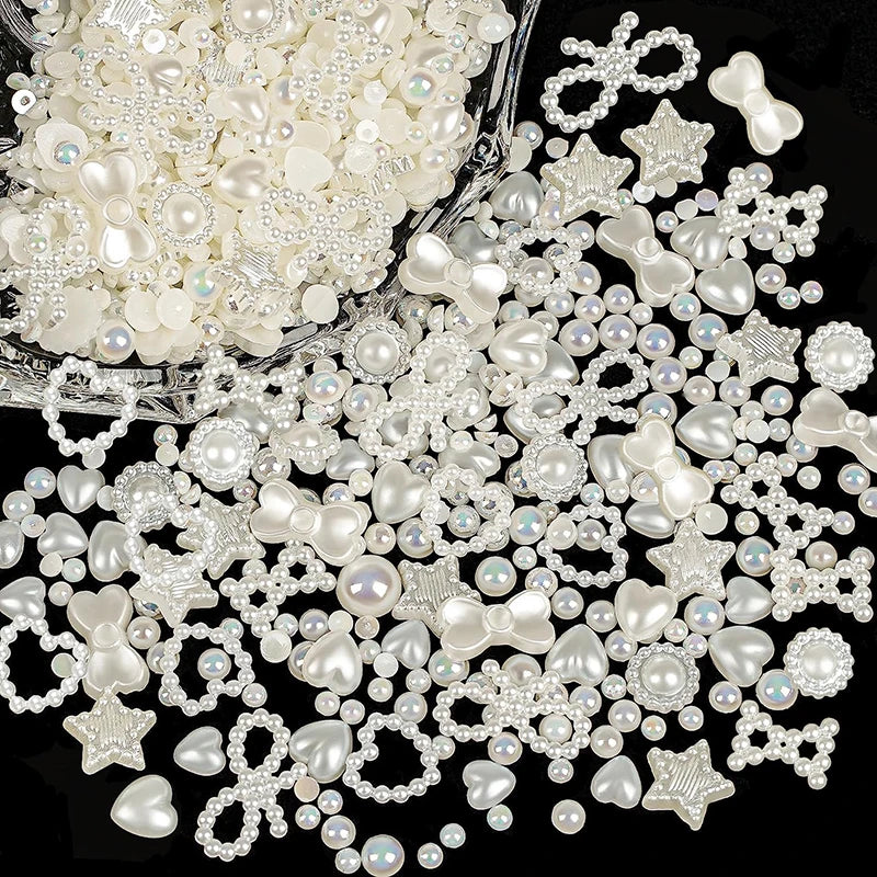 500pcs White Nail Charms & Pearls — Mixed Shapes (Heart, Bowknot, Star, Teardrop) Rhinestones for Nail Art & DIY Crafts