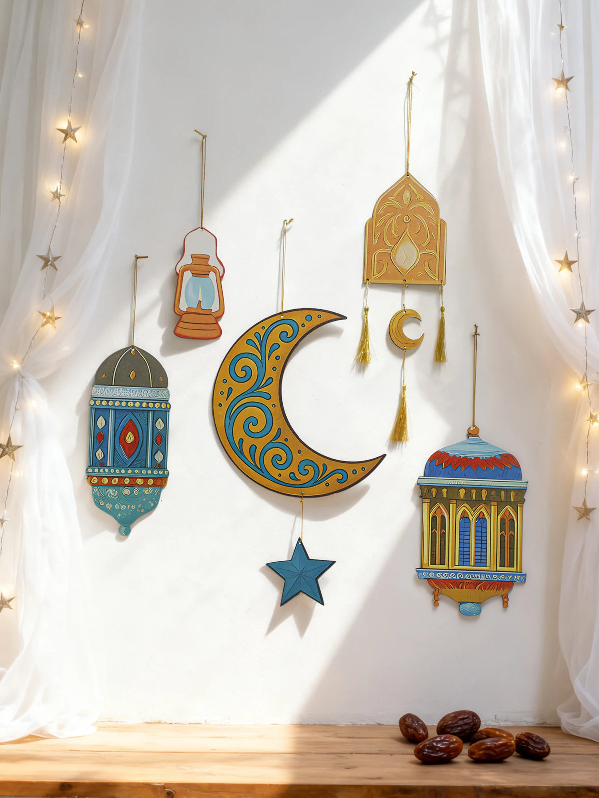 Ramadan Moon and Star Lantern Wall Decor with Tassel – Eid Mubarak Hanging Ornament for Muslim Festival Home Gift
