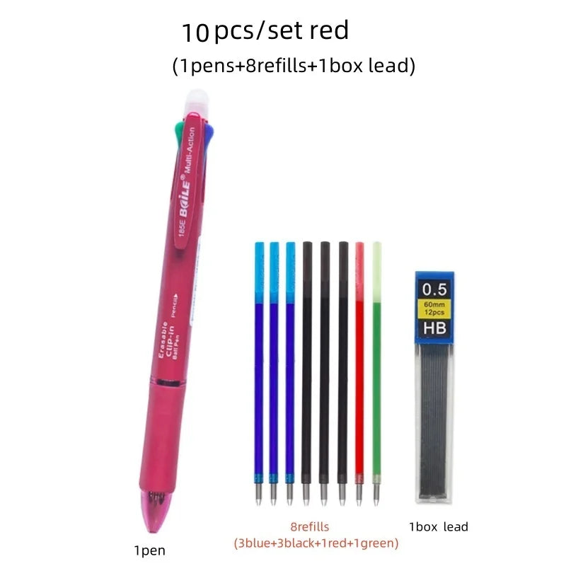 5-in-1 Erasable Multicolor Gel Pen — 4 x 0.7mm Refillable Ballpoint + 0.5mm Mechanical Pencil