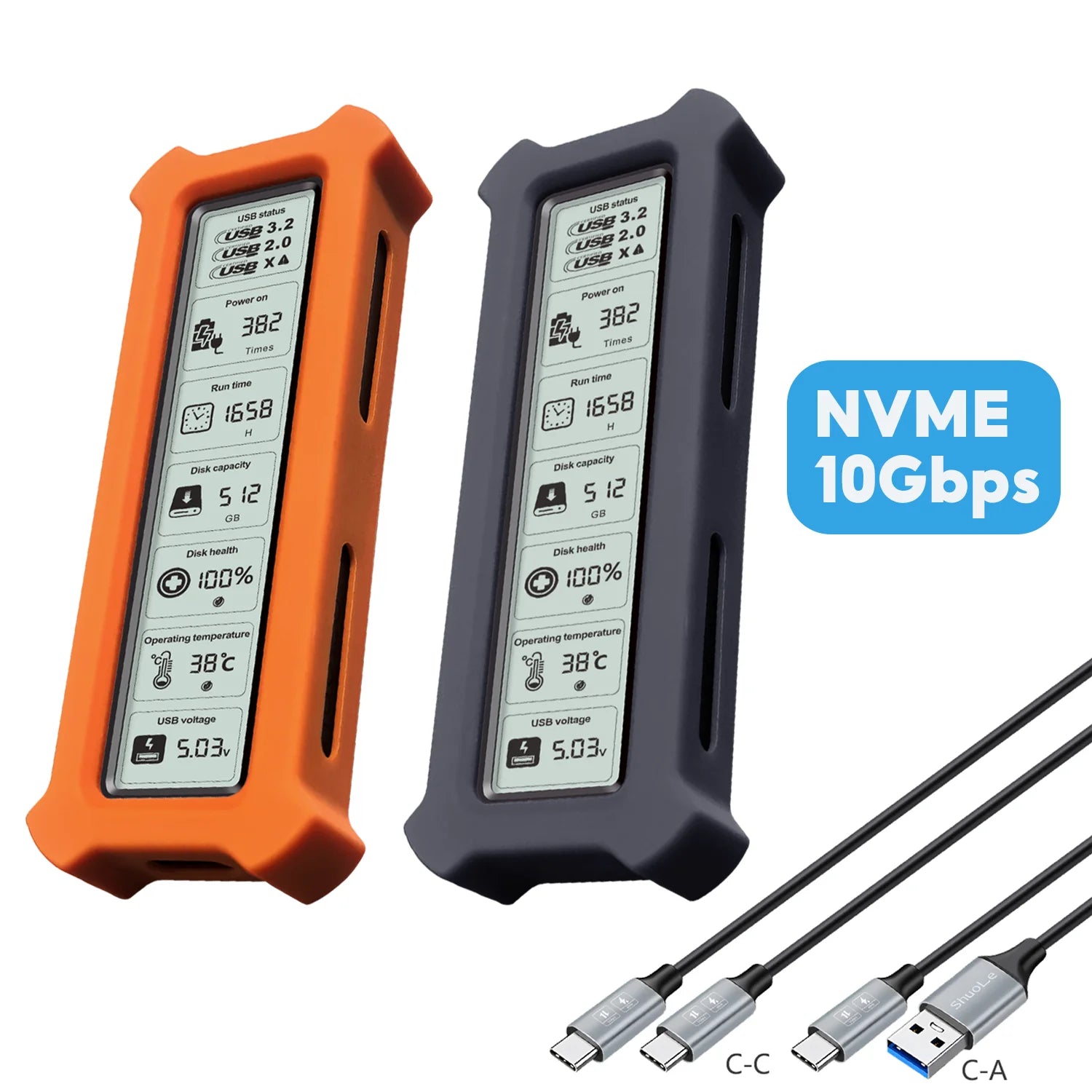 Portable M.2 NVMe SSD Enclosure with HD Health Display, USB 3.2 Gen 2 10Gbps PCIe