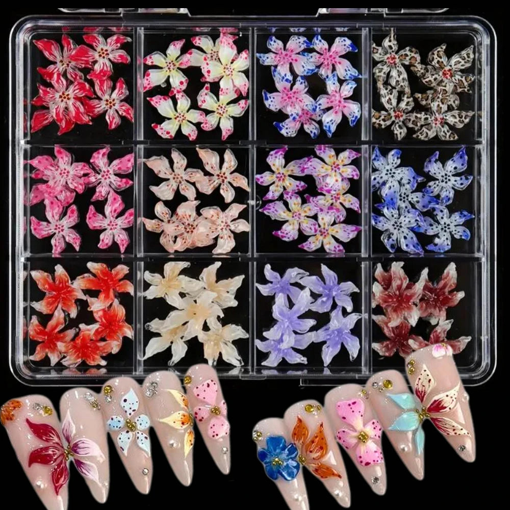 72-Piece 3D Crystal Jelly Nail Charms – Transparent Floral, Leopard & Hibiscus Nail Art Decorations