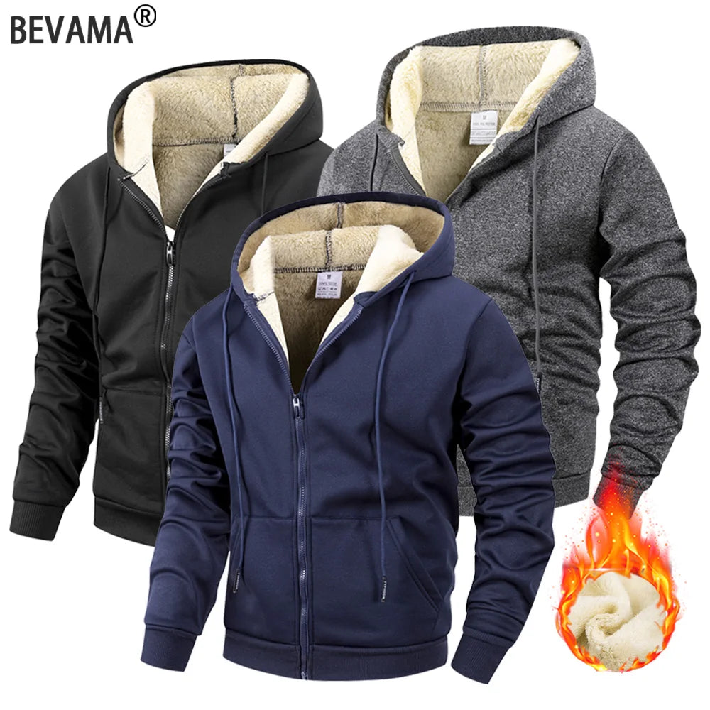 Men's Hooded Fleece Zipper Jacket – Windproof Heavyweight Winter Coat for Casual & Sports