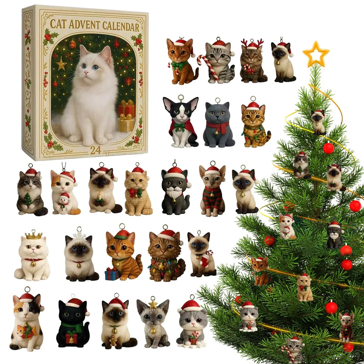 24-Day Cat Advent Calendar – Hangable Christmas Countdown with 2D Acrylic Kitten Ornaments