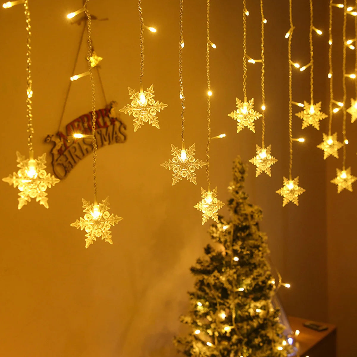 3m (9.8 ft) Snowflake LED Curtain String Lights – USB & Battery Powered Fairy Lights for Christmas, Wedding, Party, Window & Outdoor Decoration