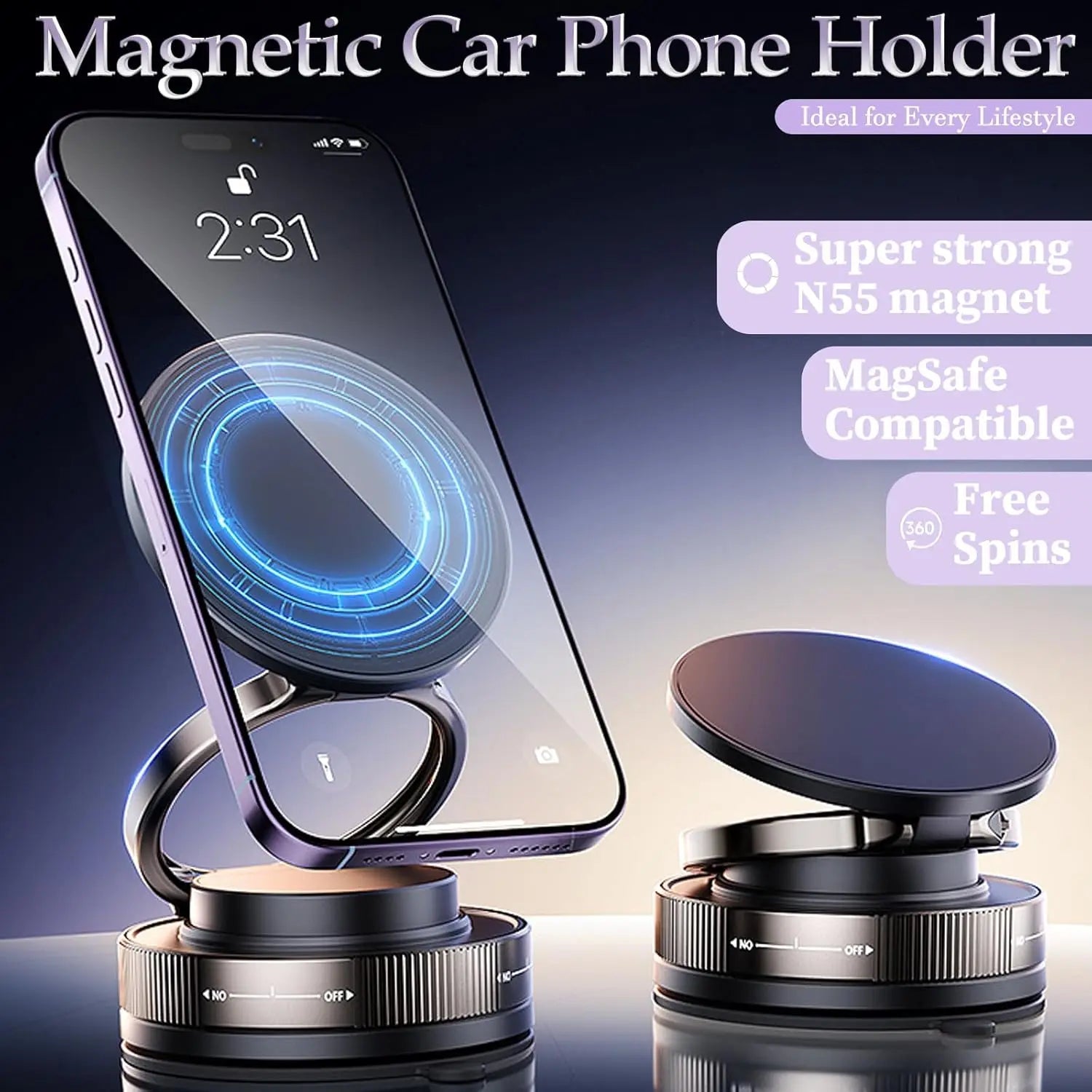 360° Magnetic Car Phone Holder – Strong Vacuum Suction Cup, Foldable Portable Phone Mount for iPhone & Android