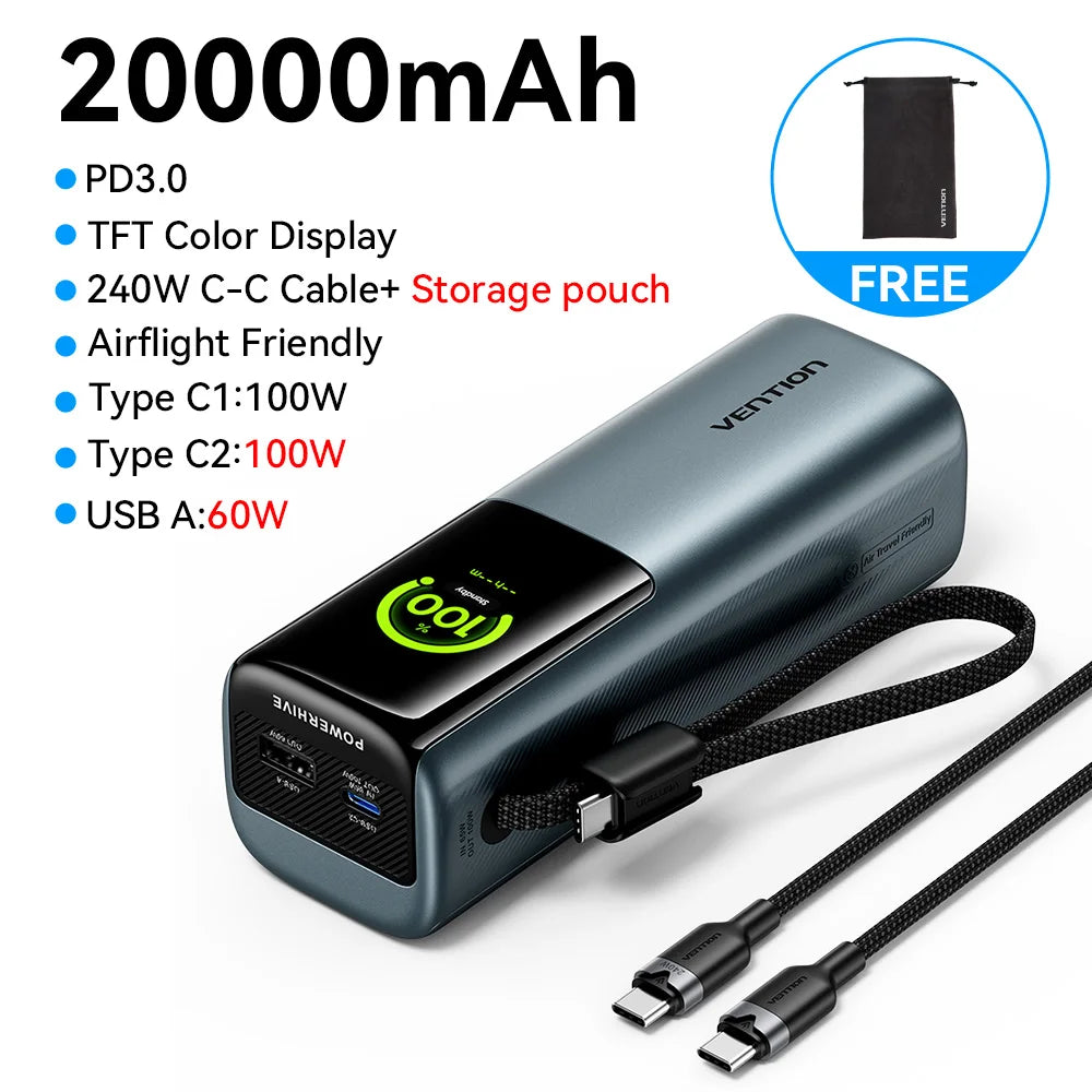 20000mAh 165W PD Power Bank with Built-in USB-C Cable – Fast Portable Charger for Laptop, Phone & Multiple Devices