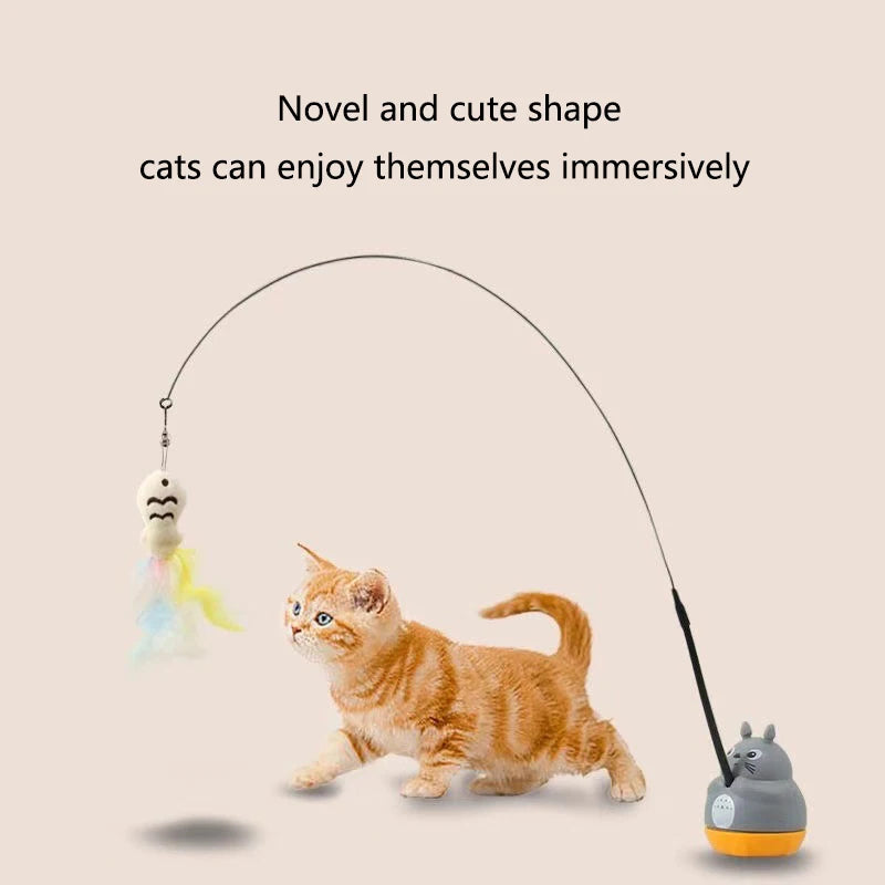 Interactive Feather Wand Cat Toy - Long Steel Wire Pole Rotating Fishing Toy for Kittens & Cats