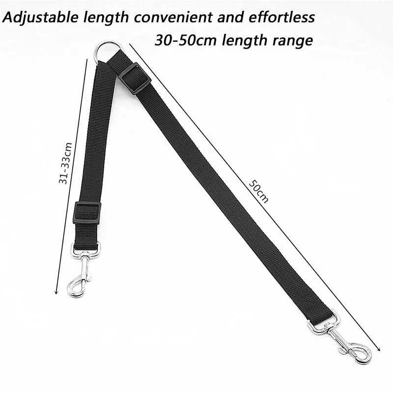 Adjustable Double Dog Leash — No-Tangle 2-Dog Distributor Lead, 30–50 cm (12–20 in) Nylon Walking Leash, Black