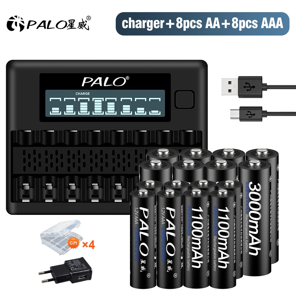 1.2V Ni-MH Rechargeable AA & AAA Batteries with 8-Slot Charger - AA 3000mAh / AAA 1100mAh