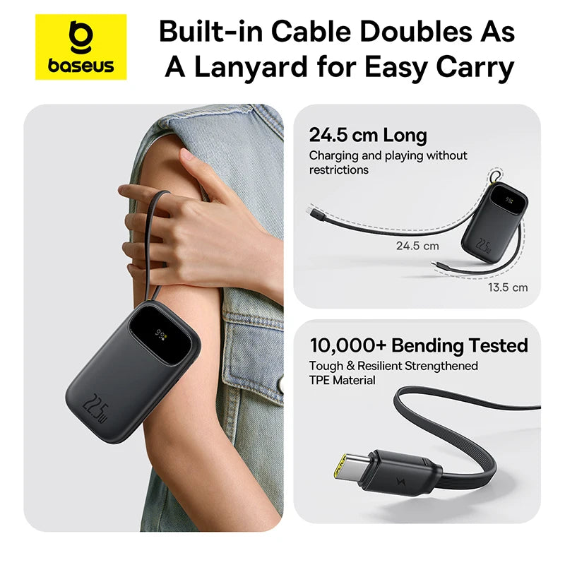 22.5W Fast Charging 10000mAh / 20000mAh Power Bank with Built-In Retractable USB-C & Lightning Cables – Portable Charger for iPhone, Samsung, Xiaomi