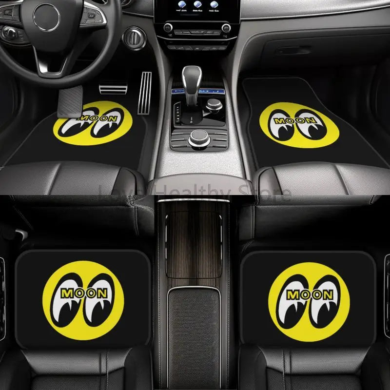 Moon Eyes Motorcycle Racing 4-Piece Car Floor Mats – Front 17.3×27 in (43.9×68.6 cm) & Rear 17.3×13.4 in (43.9×34.0 cm) Neoprene Rubber-Back All-Weather Mats