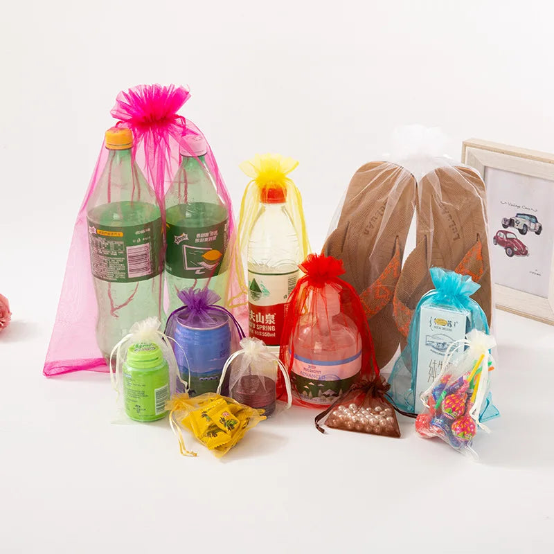 100-Pack Organza Drawstring Bags Assorted Sizes (7x9, 9x12, 10x15, 13x18 cm / 2.8x3.5, 3.5x4.7, 3.9x5.9, 5.1x7.1 in) - Jewelry & Gift Pouches for Wedding Party