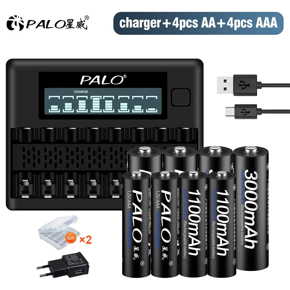 1.2V Ni-MH Rechargeable AA & AAA Batteries with 8-Slot Charger - AA 3000mAh / AAA 1100mAh