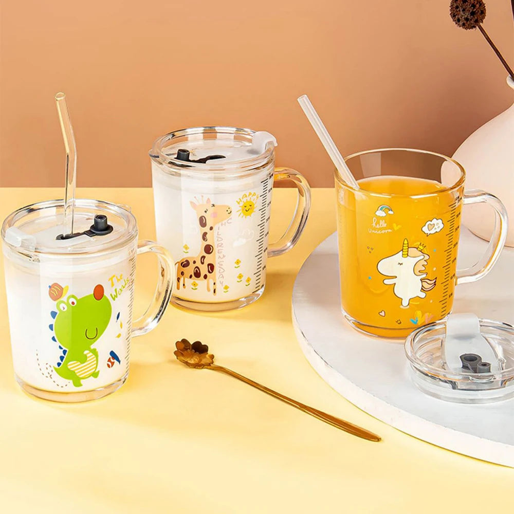 350ml Unicorn Kids Glass Cup with Straw Lid, Transparent Milk & Breakfast Cup with Measurement Scale