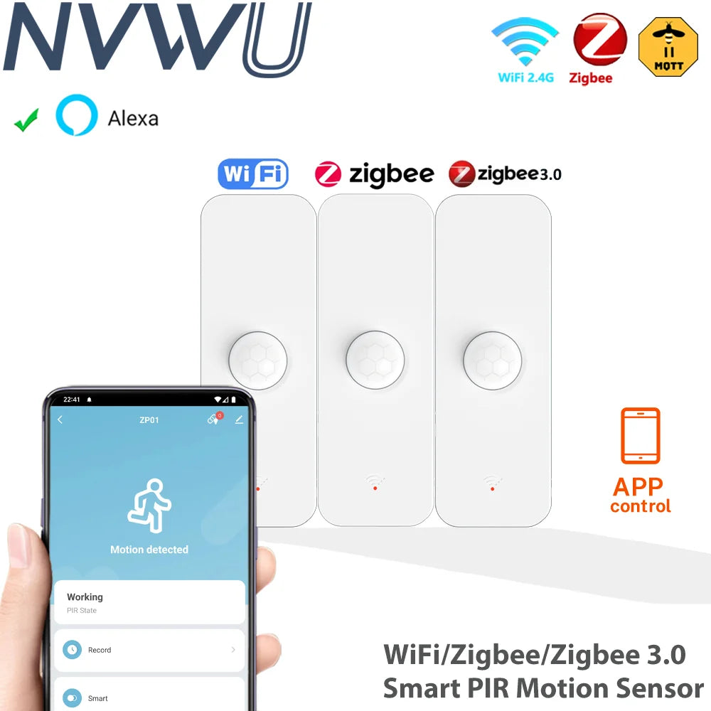 WiFi & Zigbee PIR Motion Sensor - Smart Home Infrared Detector, Alexa Compatible, Zigbee2MQTT