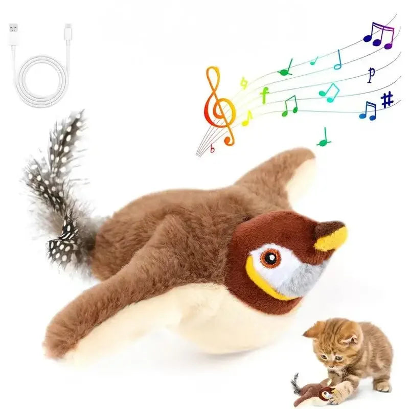 Rechargeable Interactive Cat Toy, Chirping Flapping Plush Bird with Catnip — Touch-Activated for Indoor Cats