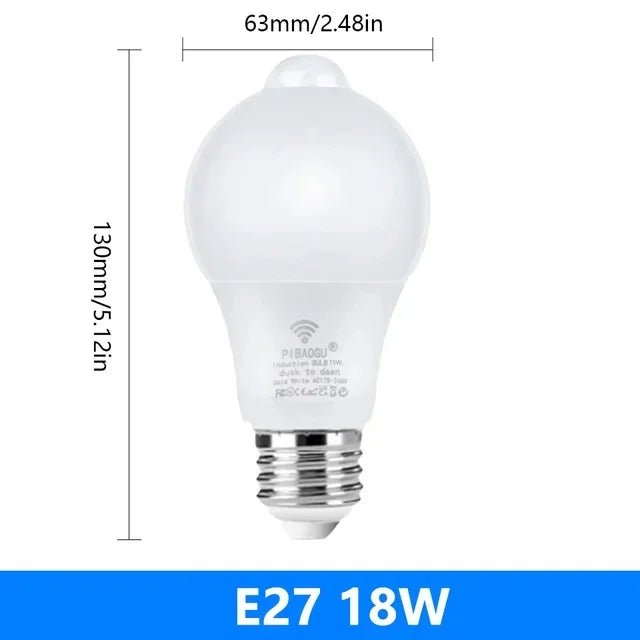 PIR Motion Sensor LED Bulb E27 – 6W/9W/12W/15W/18W/20W AC85-265V Motion-Activated Night Light for Home, Stairway & Garden