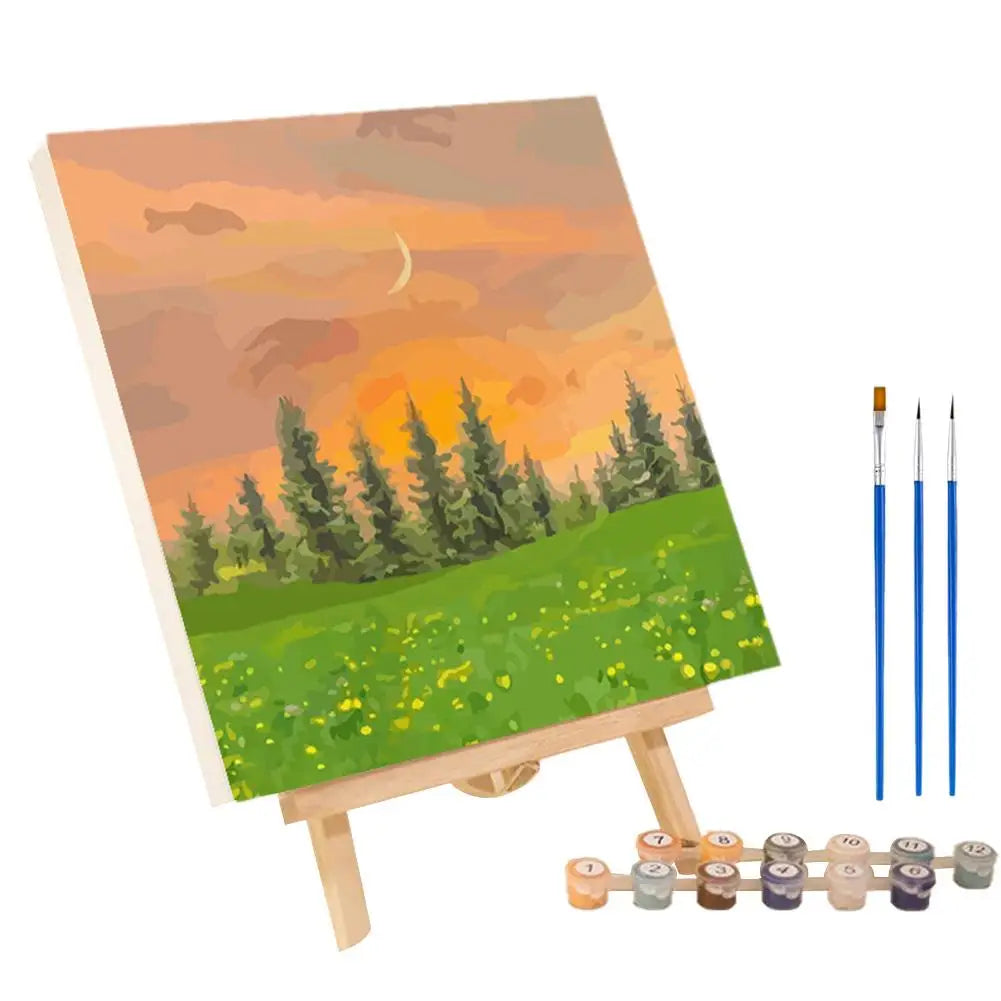 Framed Paint by Numbers Kit - Abstract Sunset Landscape, 20 x 20 cm (7.9 x 7.9 in) Canvas | DIY Gouache Painting Kit for Home Decor