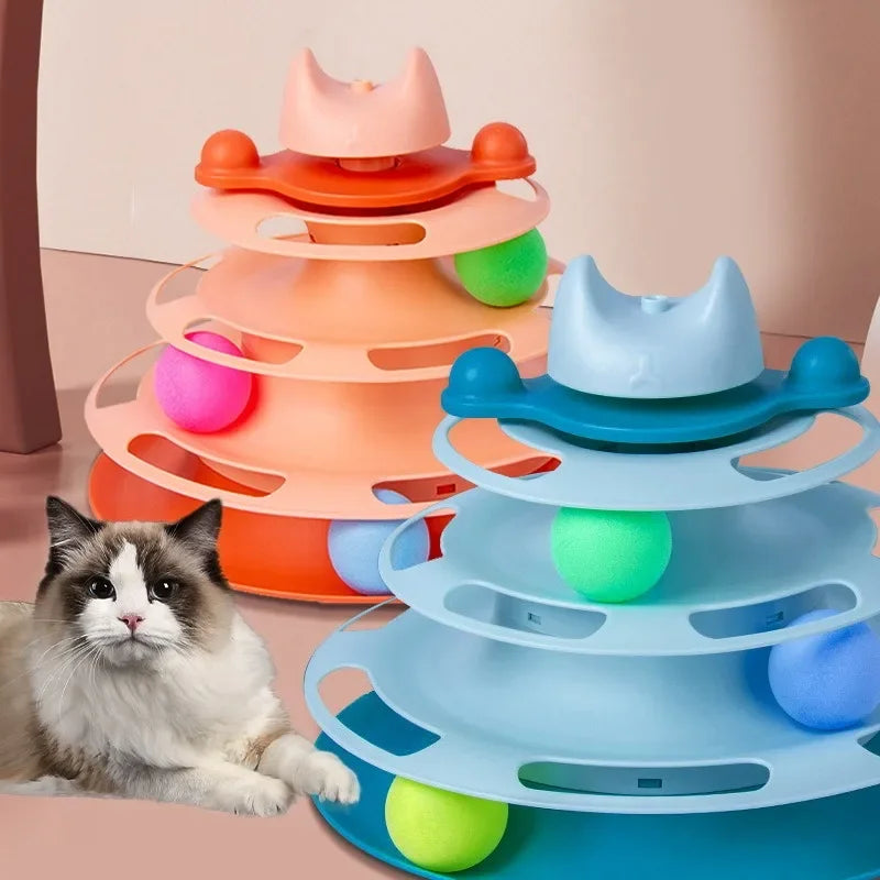 Interactive Triple-Play Cat Toy — Spinning Disc with Rolling Balls Puzzle Chase Toy for Cats (Pink, Blue, Green, Orange)