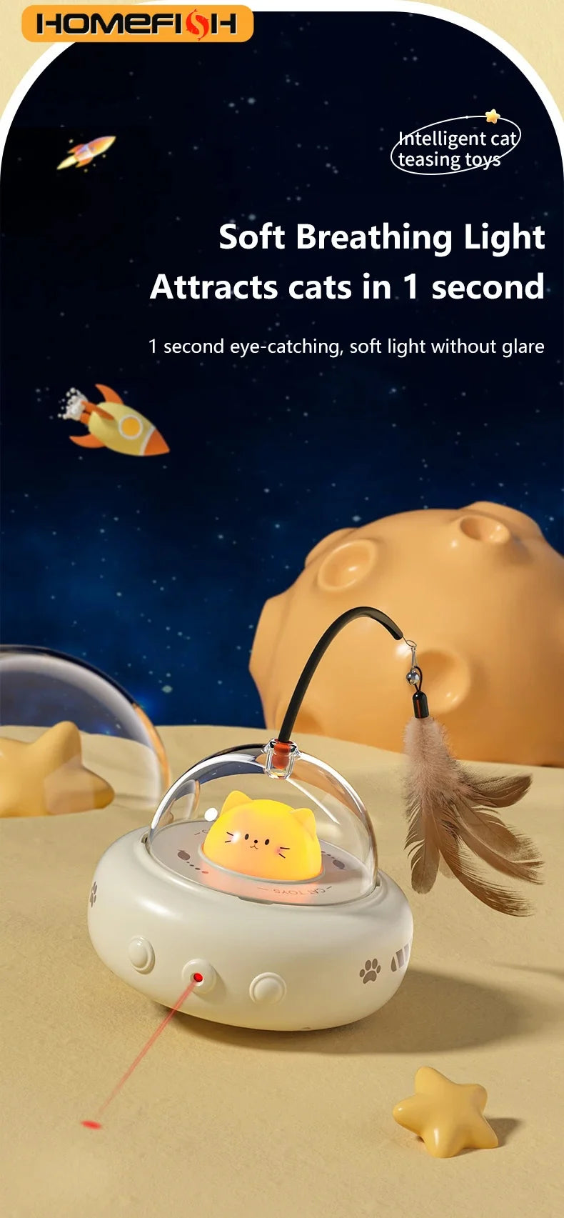 Electric UFO Cat Teaser Wand with Replaceable Feather & Bell – Interactive Training & Laser Toy for Cats