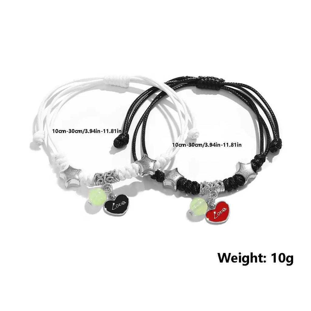 2-Piece Luminous Bead Couple Charm Bracelets - Star Moon Heart Cat Flower Matching Set (Unisex)