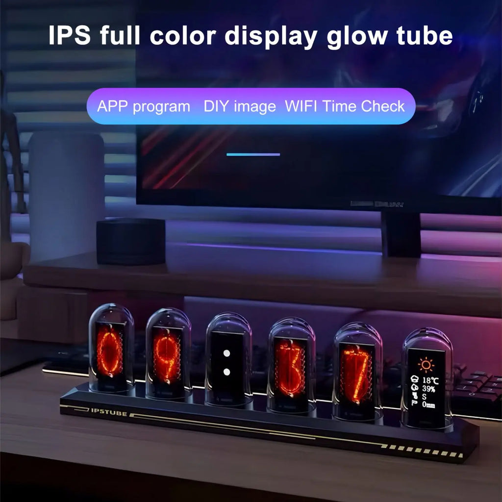 Nixie-Style IPS Tube Clock — RGB LED Night Light, Smart App & Wi‑Fi Control, DIY Display, Weather & Photo Album for Bedroom