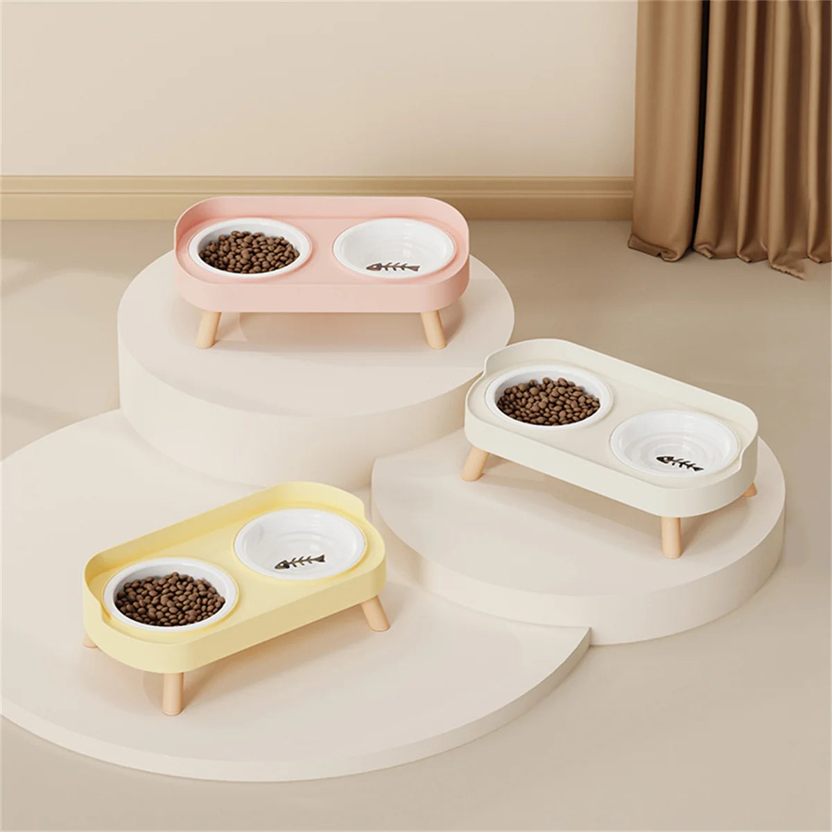 Adjustable Elevated Ceramic Double Pet Bowl for Cats and Small Dogs with Water Dispenser