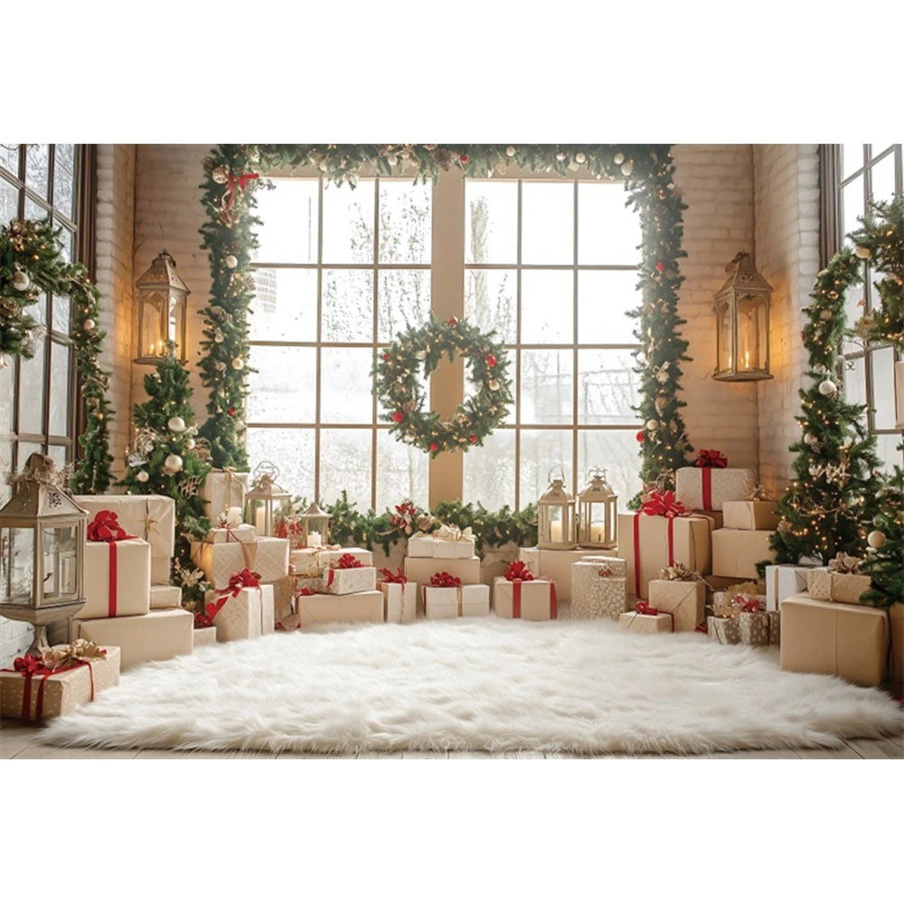 Christmas Fireplace Photography Backdrop — Gingerbread House & Wooden Window Holiday Photo Background for Kids & Family