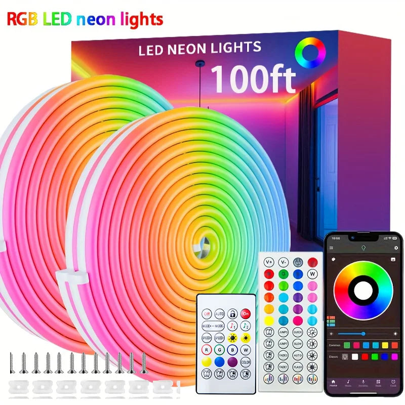 24V RGB LED Neon Strip Light – 5m/16.4ft, 10m/32.8ft, 15m/49.2ft, 20m/65.6ft, 30m/98.4ft | Bluetooth App & 24/44-Key Remote, Music Sync, 60 LED/m, IP67 Waterproof