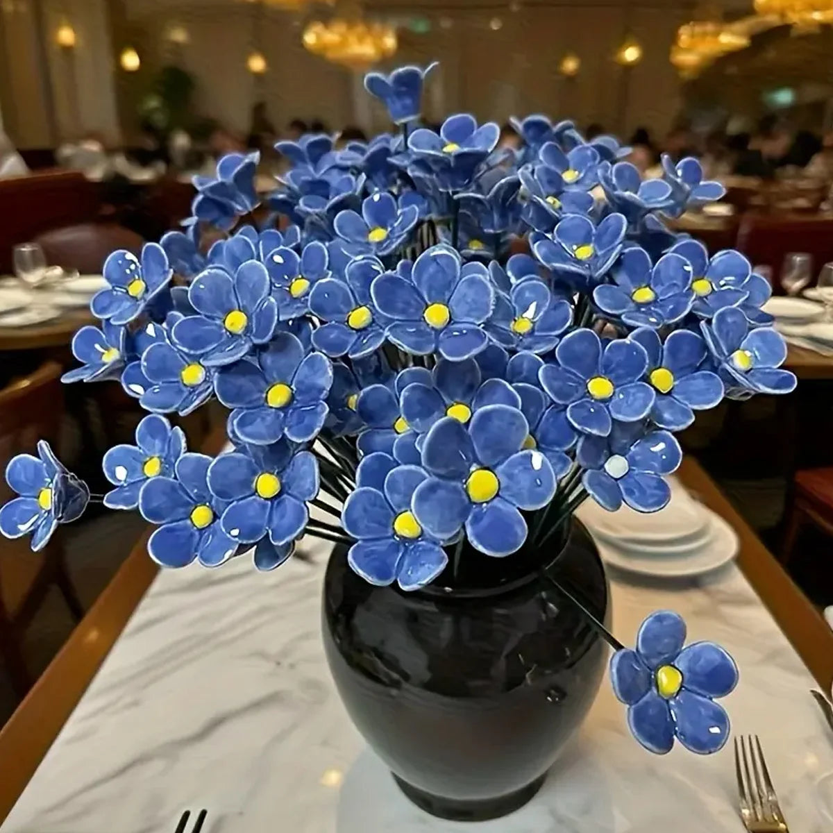 Blue Ceramic Forget-Me-Not Artificial Flowers 14.56 in (37 cm) Fade-Resistant Indoor & Outdoor Vase and Lawn Decor