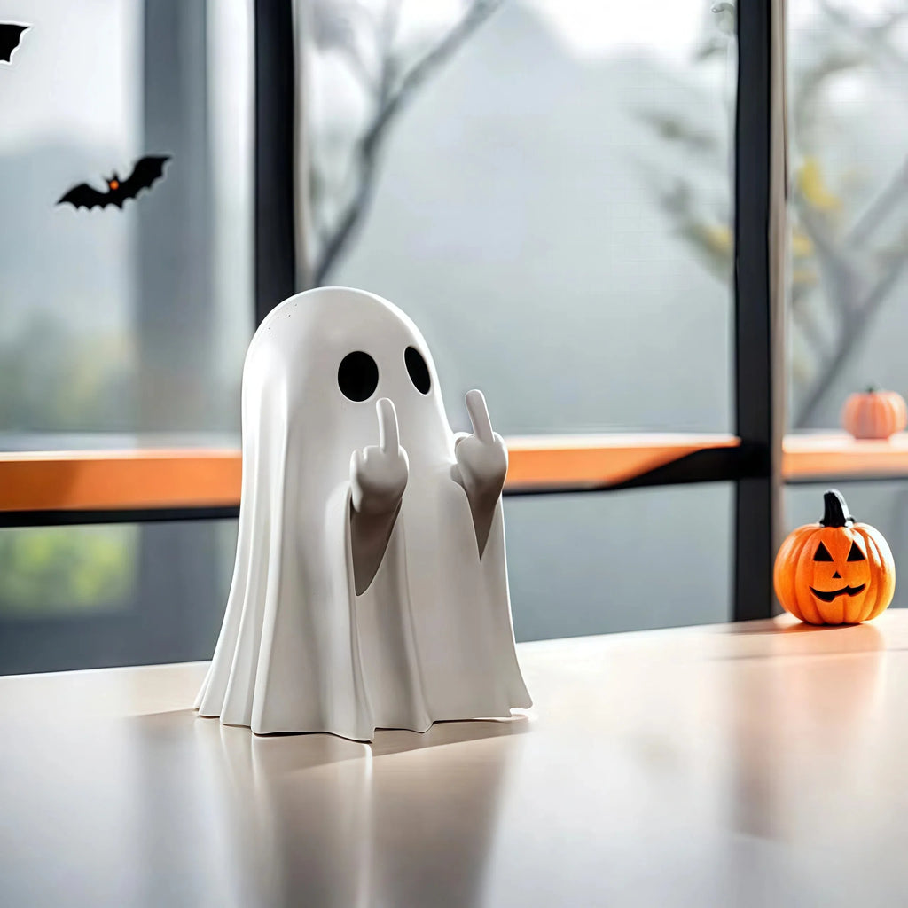 Funny Middle Finger Ghost Statue - Small Rude Ghost Figurine for Halloween Coffee Table and Shelf Decor