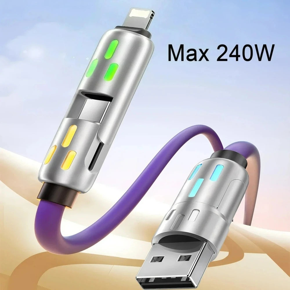 4-in-1 240W USB-C PD Fast Charging Cable — Silicone Power Cord, Type-C to USB-A, Compatible with iPhone Samsung Xiaomi