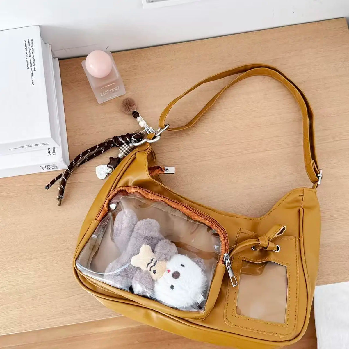 Harajuku Transparent Ita Shoulder Bag with Bow Accent – Korean Preppy School Crossbody Purse, Adjustable Strap