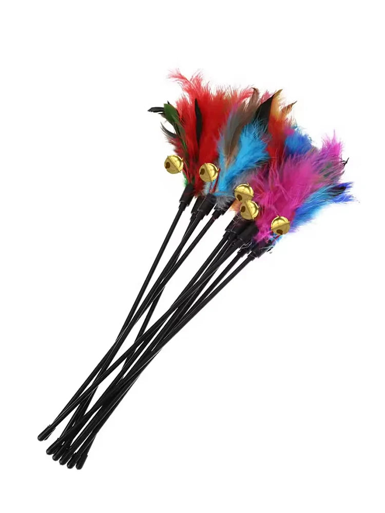 5-Pack Interactive Cat Feather Wand Toys - Colorful Feather Teasers with Bell