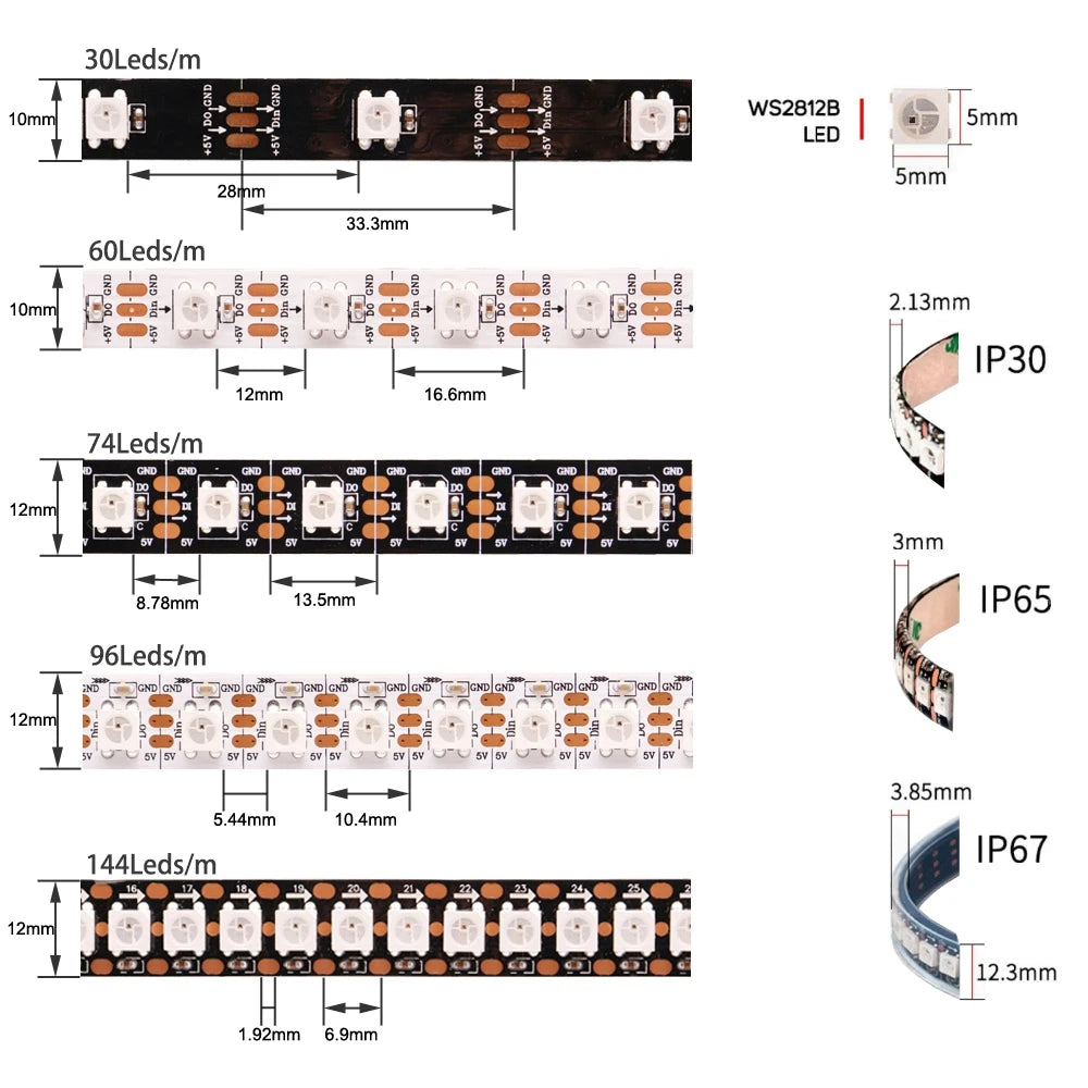 WS2812B 5V Individually Addressable 5050 RGB LED Strip – Smart Pixel LED Tape, IP30/IP65/IP67 Waterproof, Black/White PCB