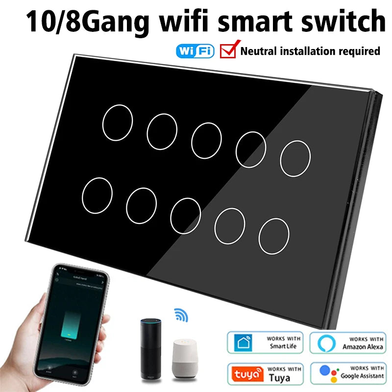 WiFi Smart Touch Glass Wall Light Switch — 8 Gang or 10 Gang (147 x 86 x 38.5 mm / 5.79 x 3.39 x 1.52 in) — Tuya/Smart Life, Alexa & Google Home