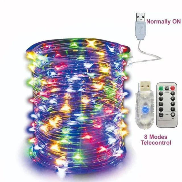 USB Fairy LED String Lights — 1/2/5/10/20/30M (3.3–98.4 ft) Silver Wire, 8 Modes & Remote, Multicolor