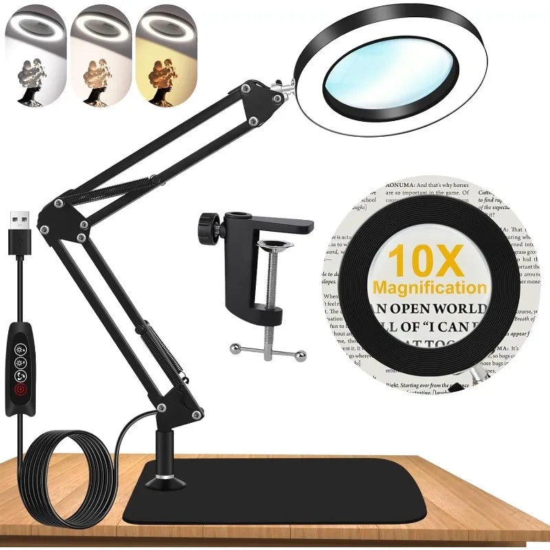 10X Magnifying Lamp with Light and Stand, 4.3 in (110 mm) Glass Lens — Dimmer Swing Arm 2-in-1 Desk Lamp & Clamp for Crafting, Reading, Repair
